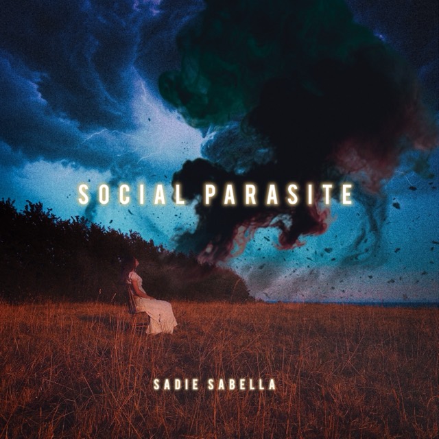 Social Parasite — single artwork: Sadie sitting in a stormy field as dark smoke swirls across the sky